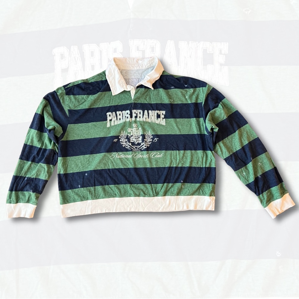 Paris France Women's Striped Tee - Green and Blue
